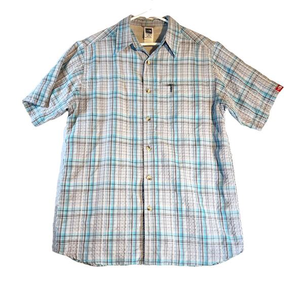 The North Face Button Shirt Men's Medium Zip Pocket "Seersucker-like" Grey Blue - Picture 1 of 13